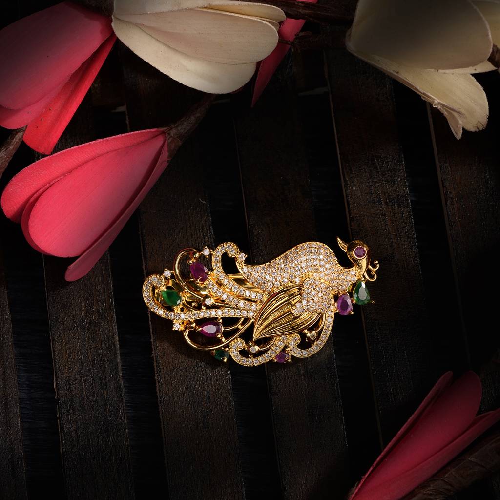 Gold Plated Red & Green Peacock Hair Claw Clip : SJHC1410