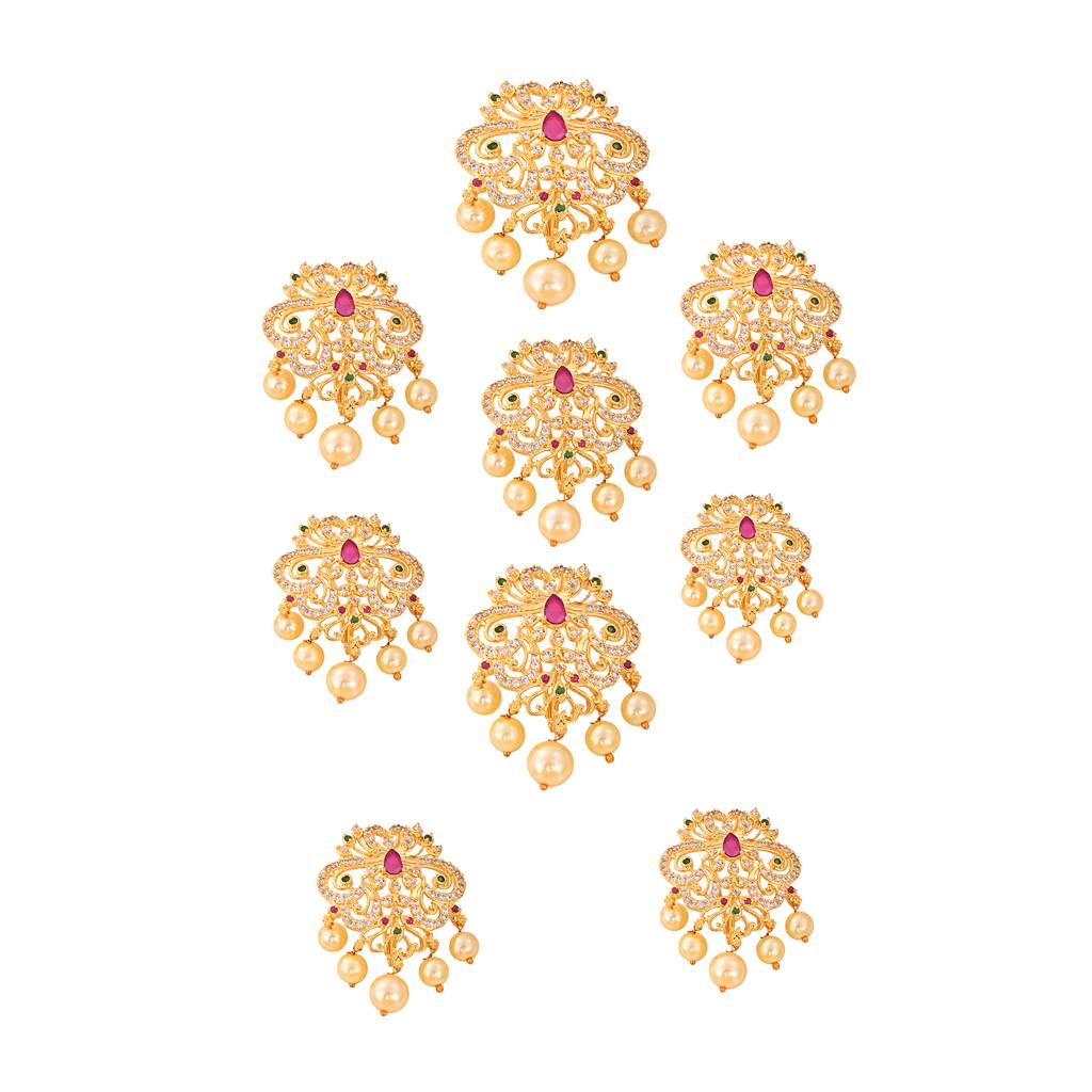 Set Of 9 Gold Toned Red Ad With Pearl Beads Chotis : SJCH1412