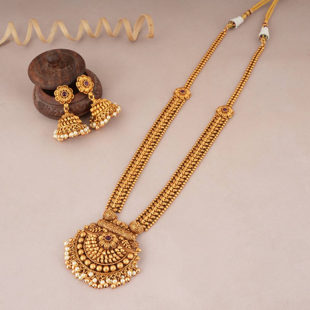 Amazing Antique Gold Long Pearl Drop Necklace Set : SJ094