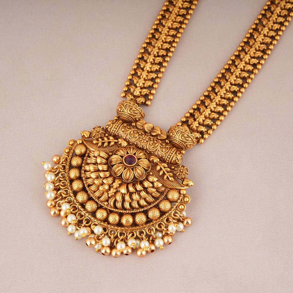 Amazing Antique Gold Long Pearl Drop Necklace Set : SJ094