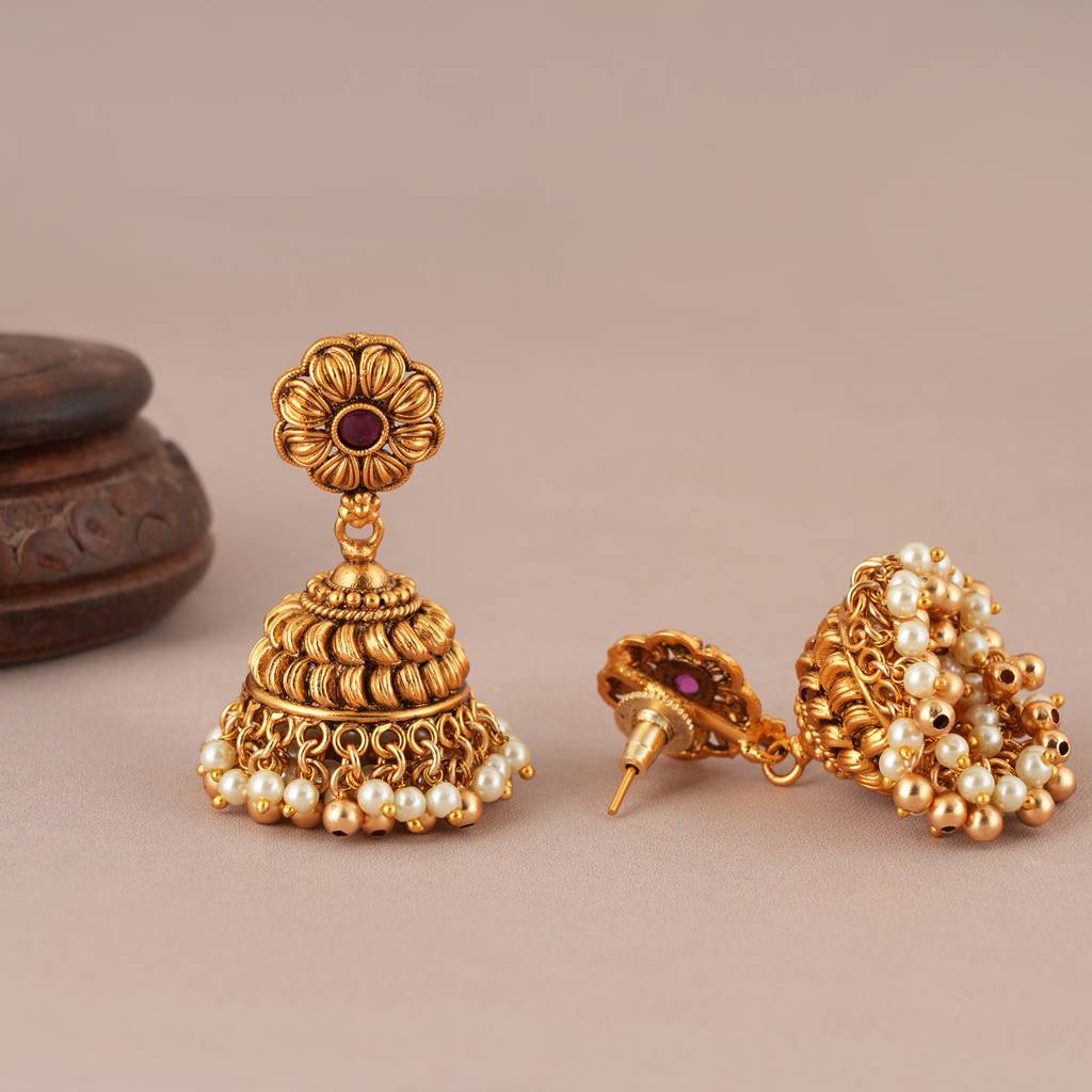 Amazing Antique Gold Long Pearl Drop Necklace Set : SJ094