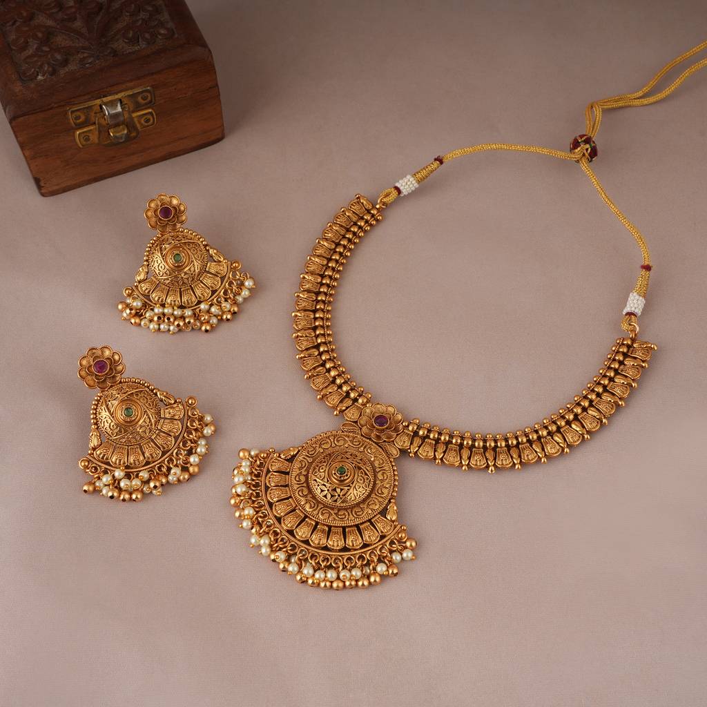 Royal Antique Gold Plated Pearl Drop Necklace Set With Earring : SJ093