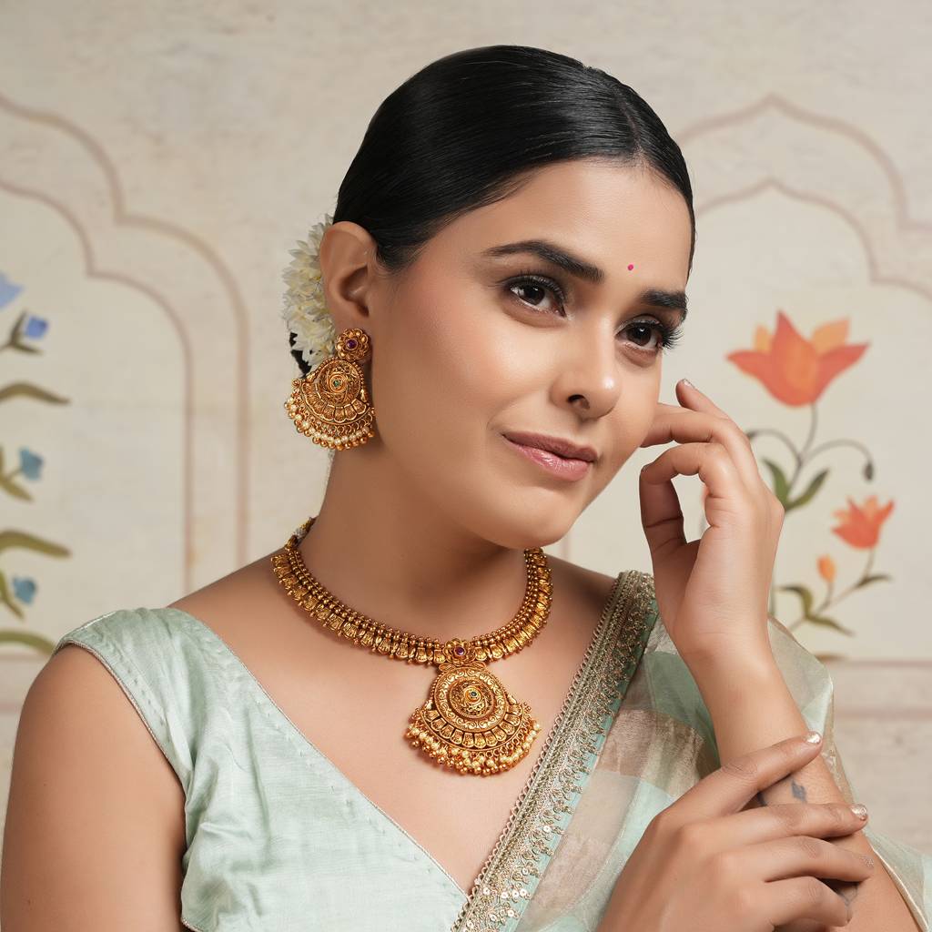 Royal Antique Gold Plated Pearl Drop Necklace Set With Earring : SJ093