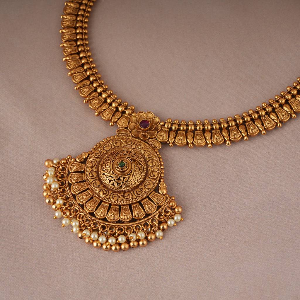 Royal Antique Gold Plated Pearl Drop Necklace Set With Earring : SJ093