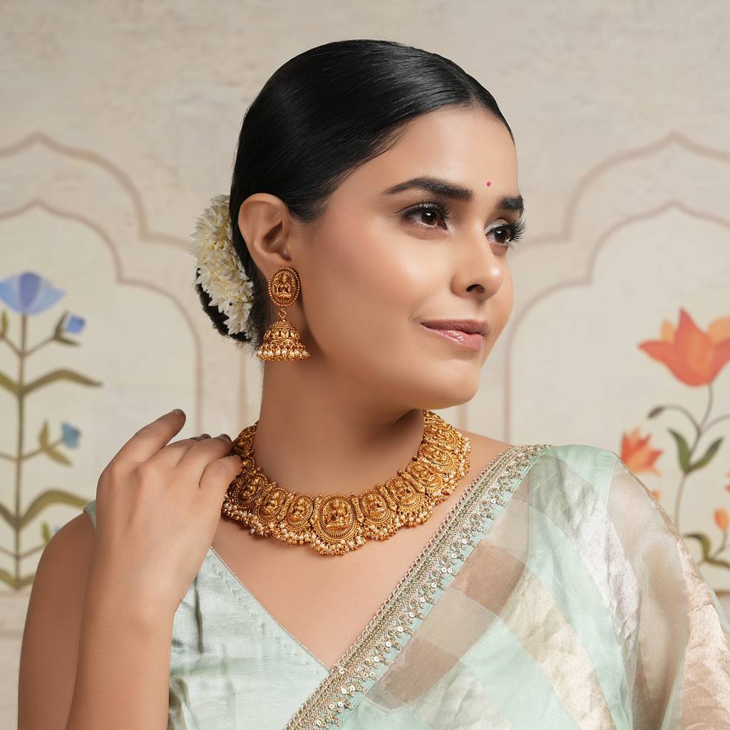 Royal Antique Gold Maa Lakhsmi Pearl Drop Necklace Set With Earring I Temple Jewellery : SJ092
