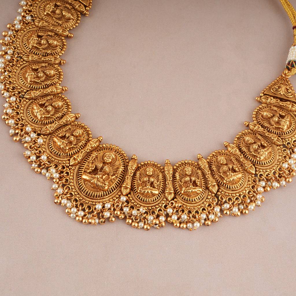 Royal Antique Gold Maa Lakhsmi Pearl Drop Necklace Set With Earring I Temple Jewellery : SJ092