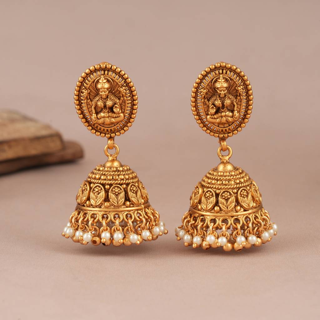 Royal Antique Gold Maa Lakhsmi Pearl Drop Necklace Set With Earring I Temple Jewellery : SJ092