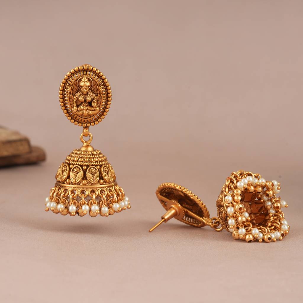 Royal Antique Gold Maa Lakhsmi Pearl Drop Necklace Set With Earring I Temple Jewellery : SJ092