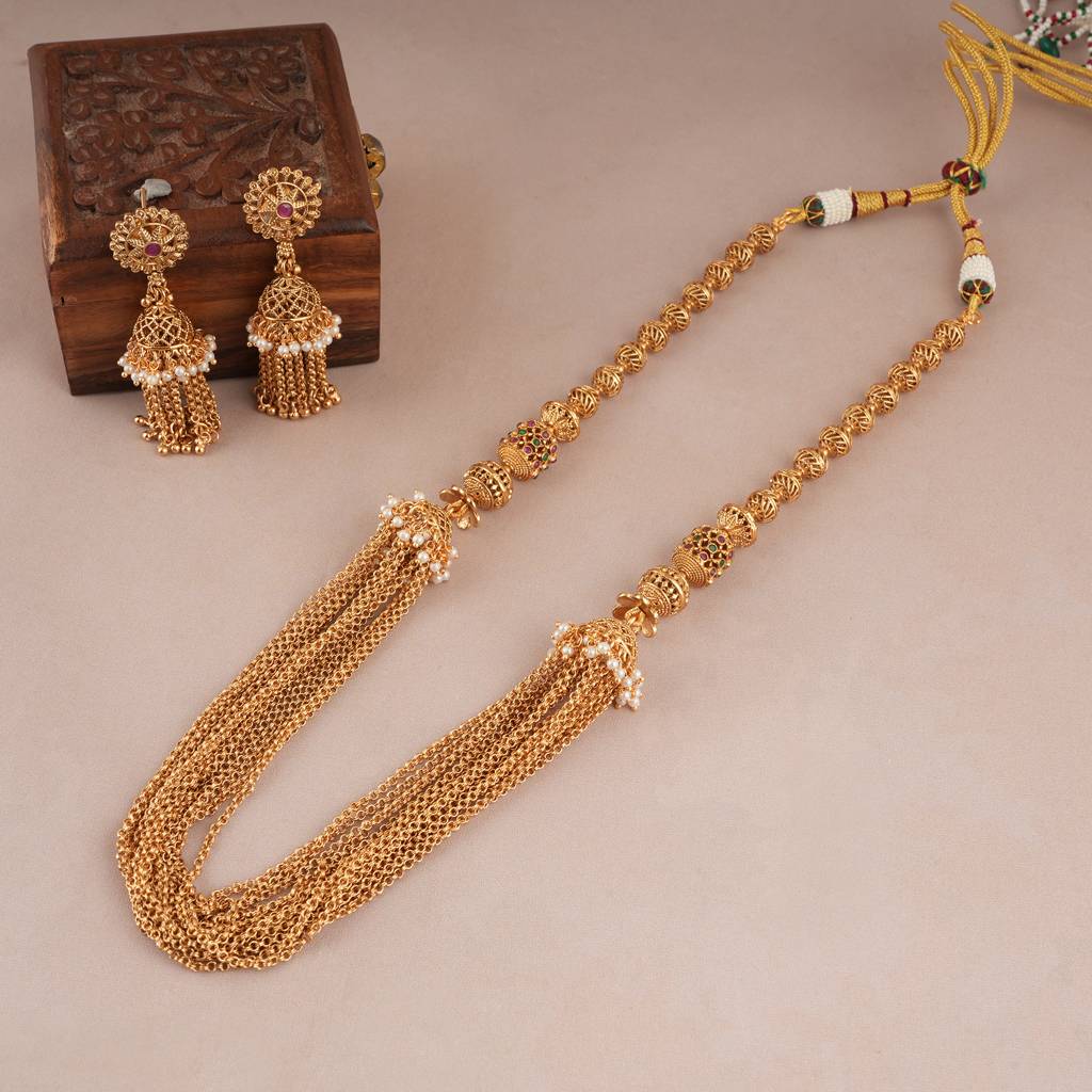 Stunning Antique Gold Chain Fall Necklace Set With Jhumka Earring : SJ089