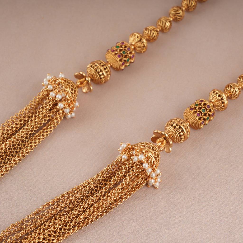 Stunning Antique Gold Chain Fall Necklace Set With Jhumka Earring : SJ089