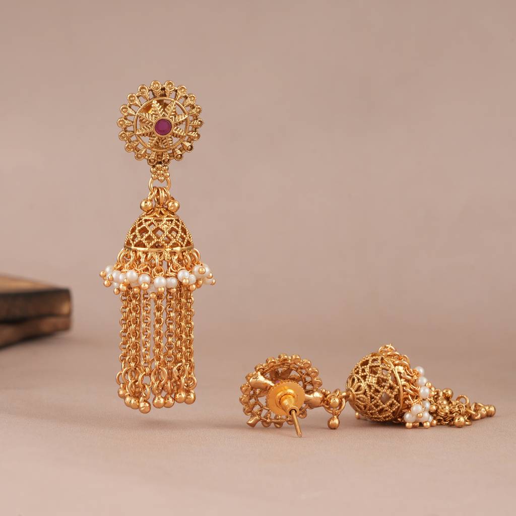 Stunning Antique Gold Chain Fall Necklace Set With Jhumka Earring : SJ089