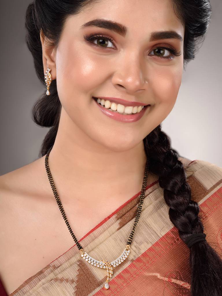 Dual Gold Toned Ad Studded Modern Look Mangalsutra With Earrings : SJMS1444