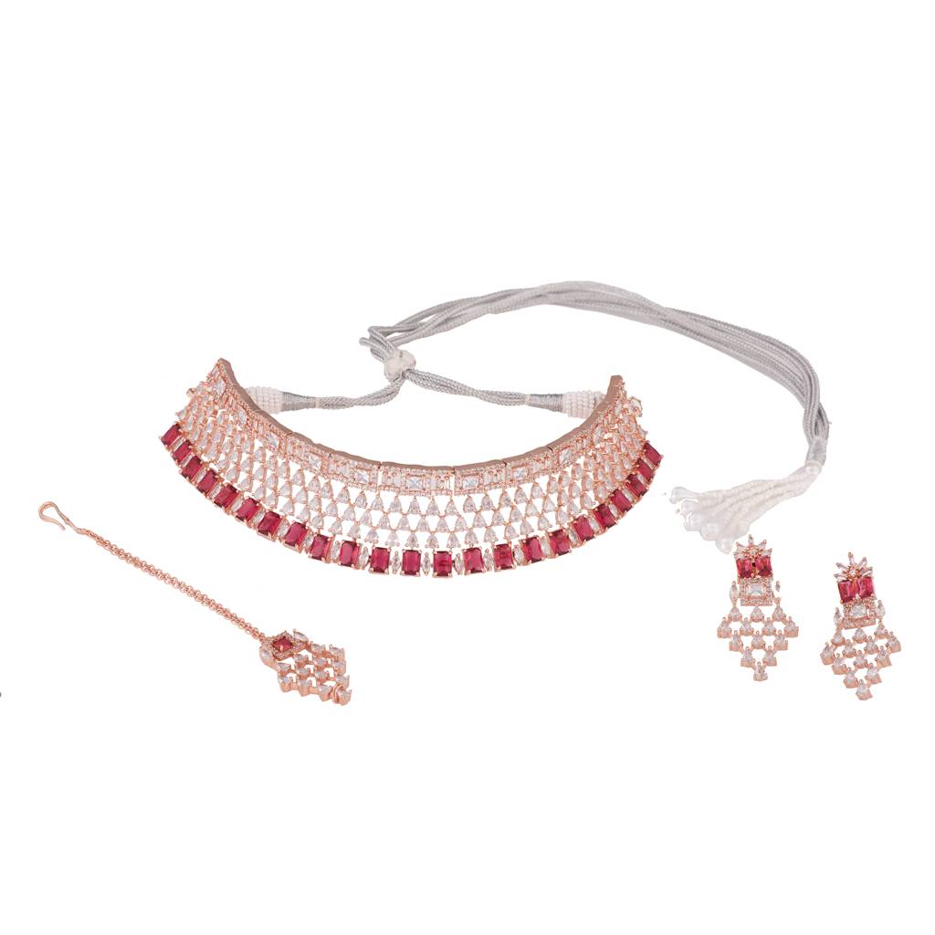 Rose Gold Plated White & Red Ad Studded Choker Jewellery Set With Earrings & Tika : SJNK1445