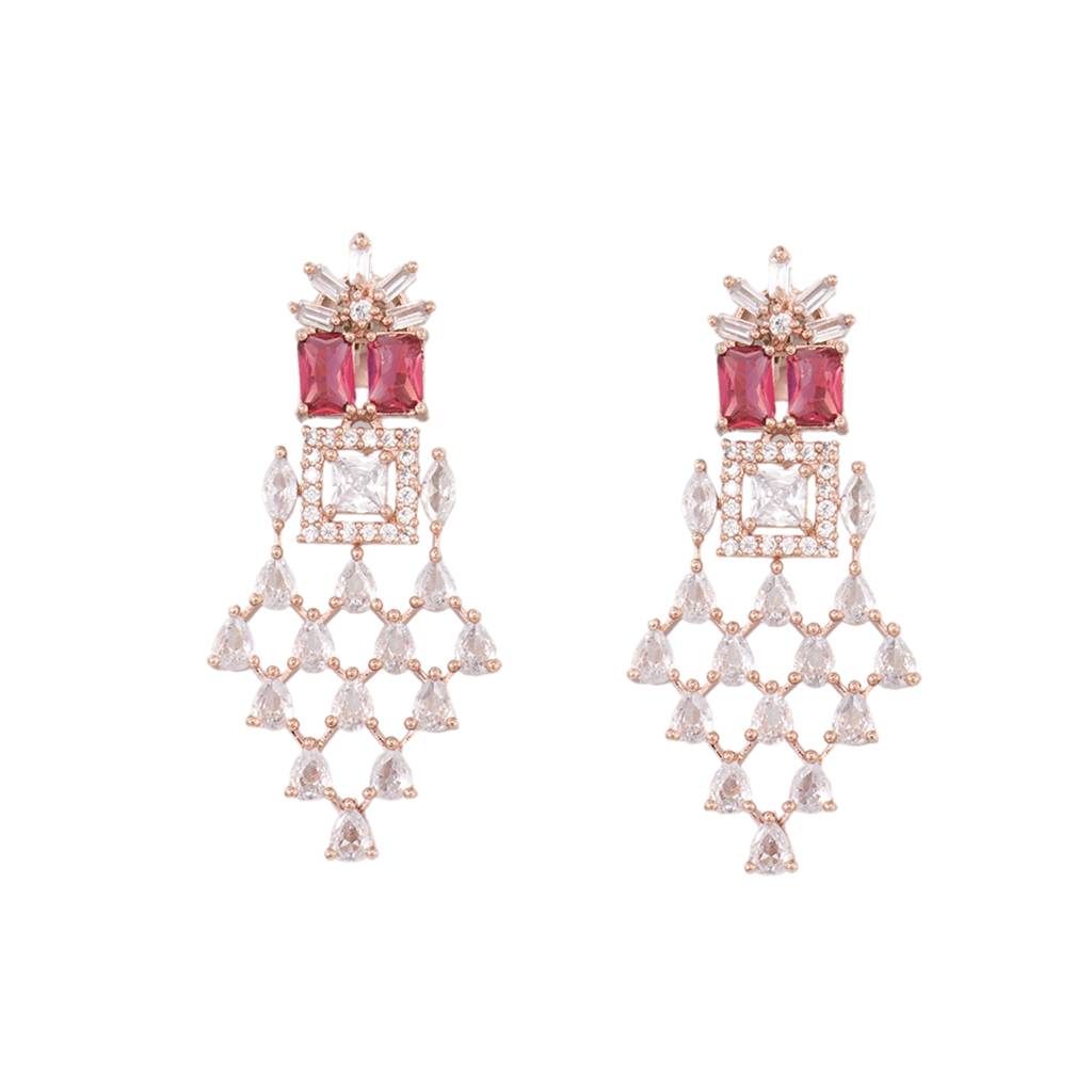 Rose Gold Plated White & Red Ad Studded Choker Jewellery Set With Earrings & Tika : SJNK1445
