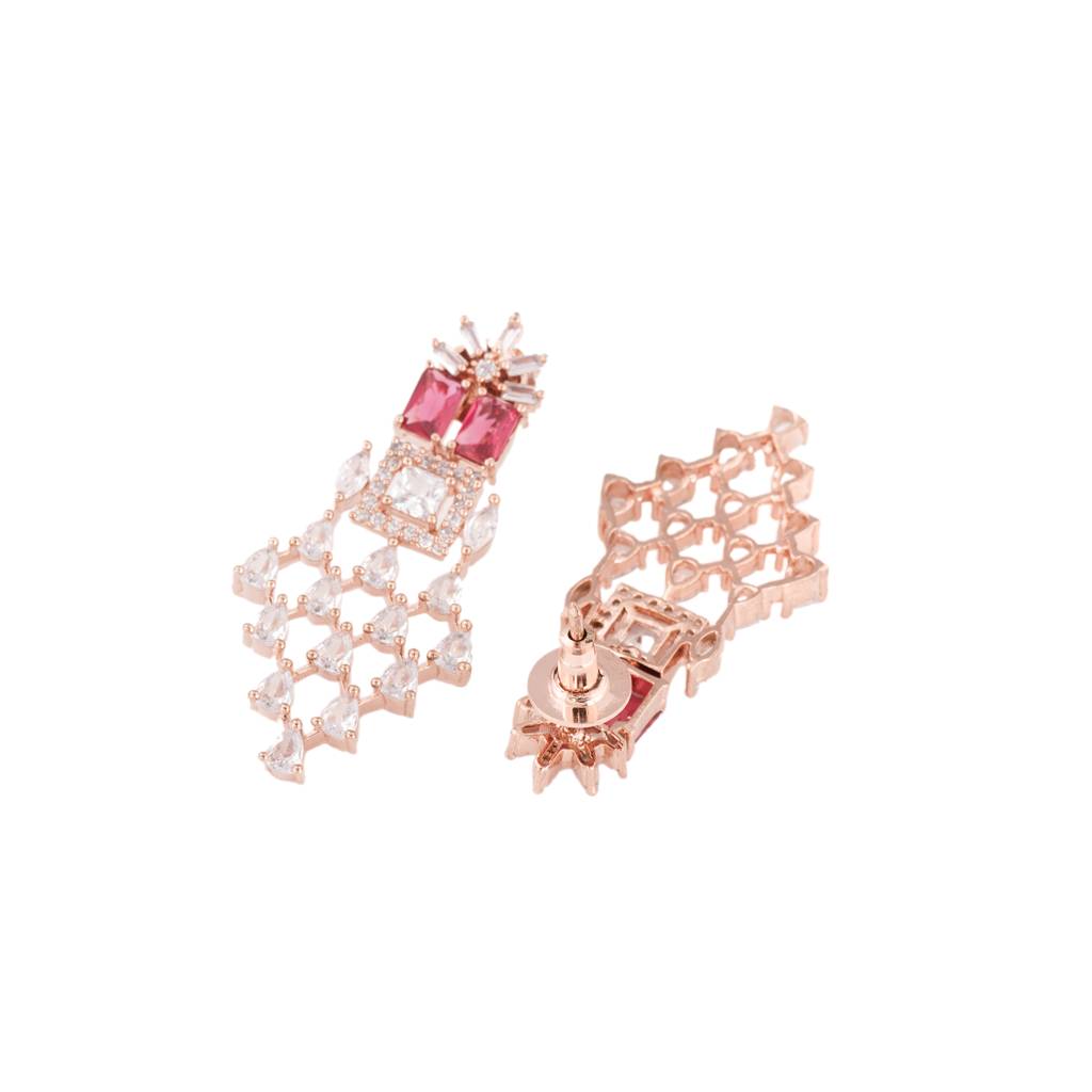 Rose Gold Plated White & Red Ad Studded Choker Jewellery Set With Earrings & Tika : SJNK1445