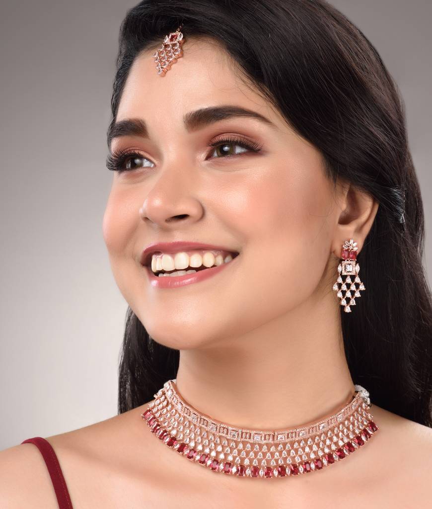 Rose Gold Plated White & Red Ad Studded Choker Jewellery Set With Earrings & Tika : SJNK1445