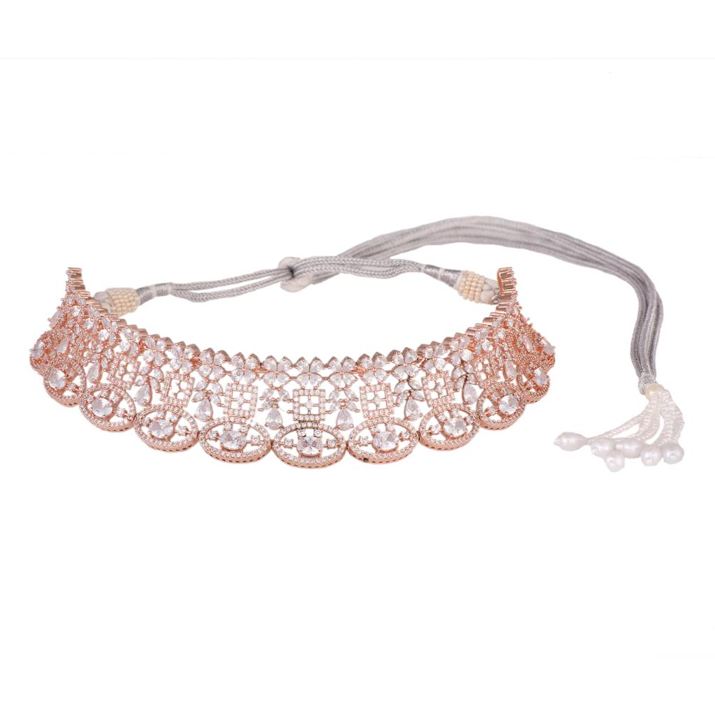 Rose Gold Plated White Ad Studded  Choker With Dropdown Earrings  Jewellery  Set : SJNK1446