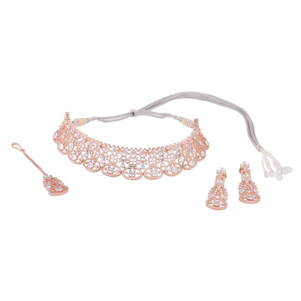 Rose Gold Plated White Ad Studded  Choker With Dropdown Earrings  Jewellery  Set : SJNK1446