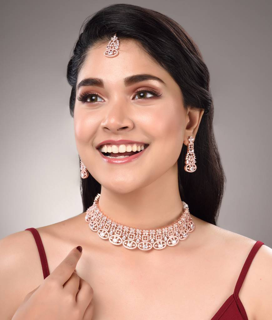 Rose Gold Plated White Ad Studded  Choker With Dropdown Earrings  Jewellery  Set : SJNK1446