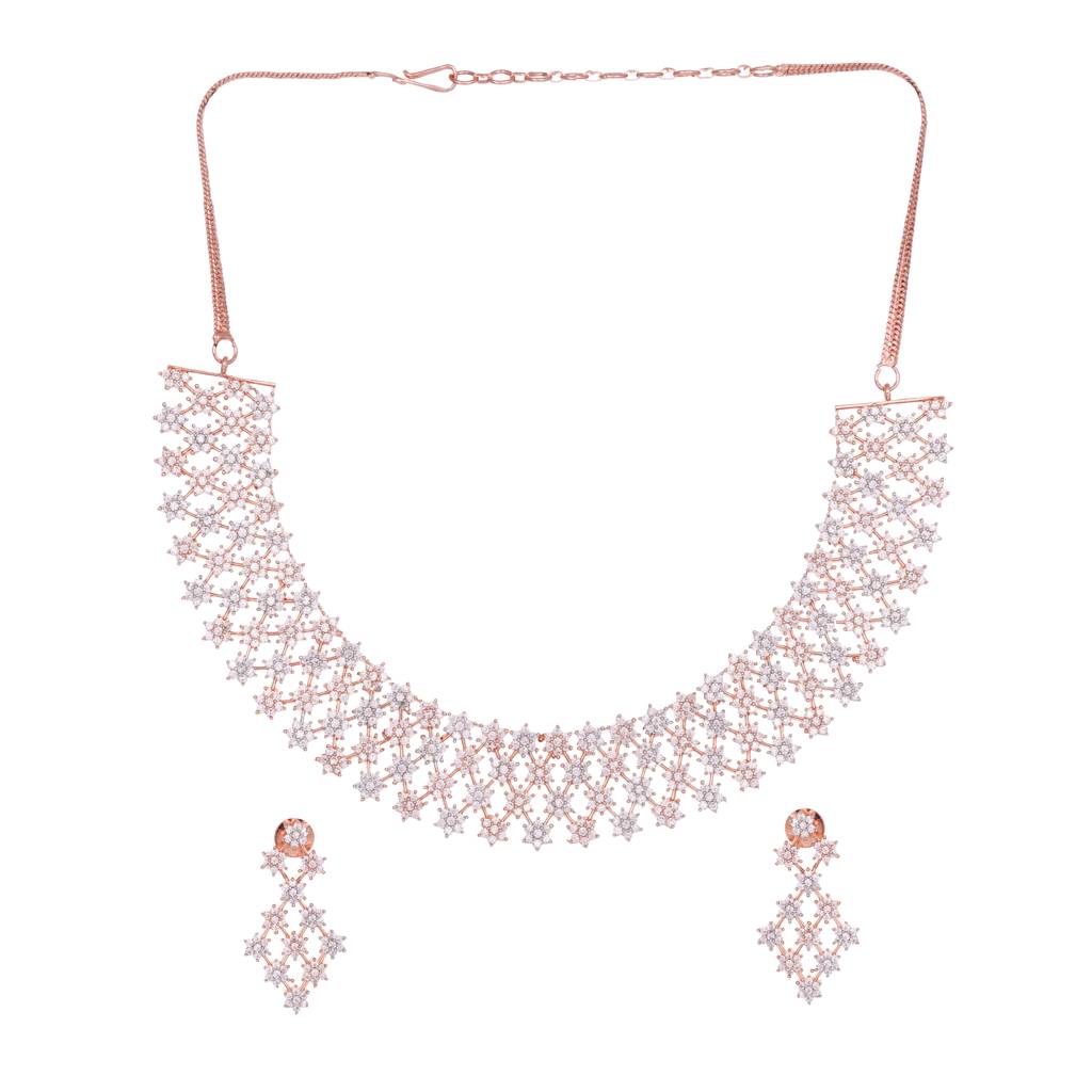 Rose Gold Plated White Ad Studded Modern Necklace  Jewellery Set With Earrings : SJNK1447