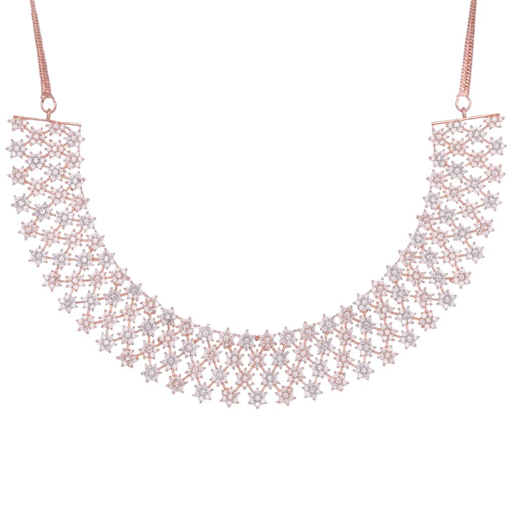 Rose Gold Plated White Ad Studded Modern Necklace  Jewellery Set With Earrings : SJNK1447