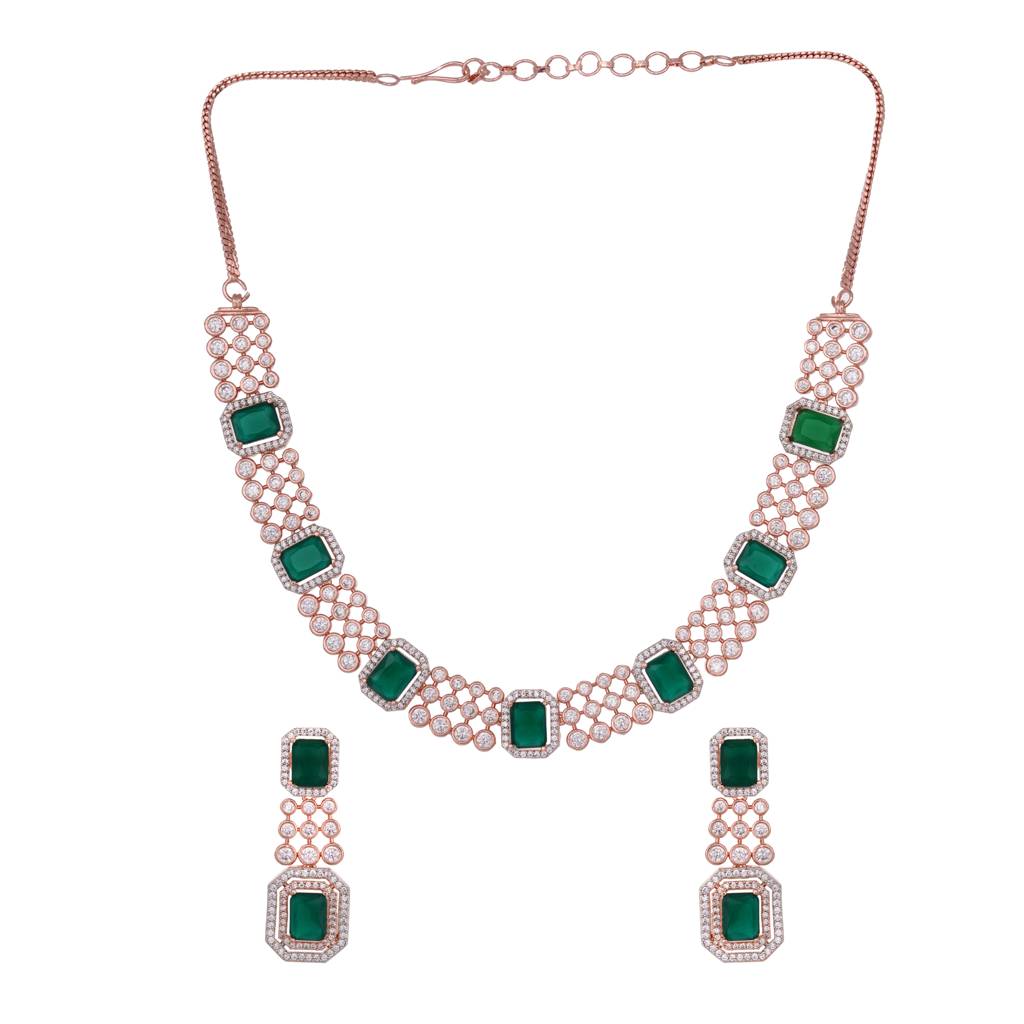 Rose Gold Plated White & Green  Ad Studded Modern  Necklace Jewellery  Set : SJNK1449