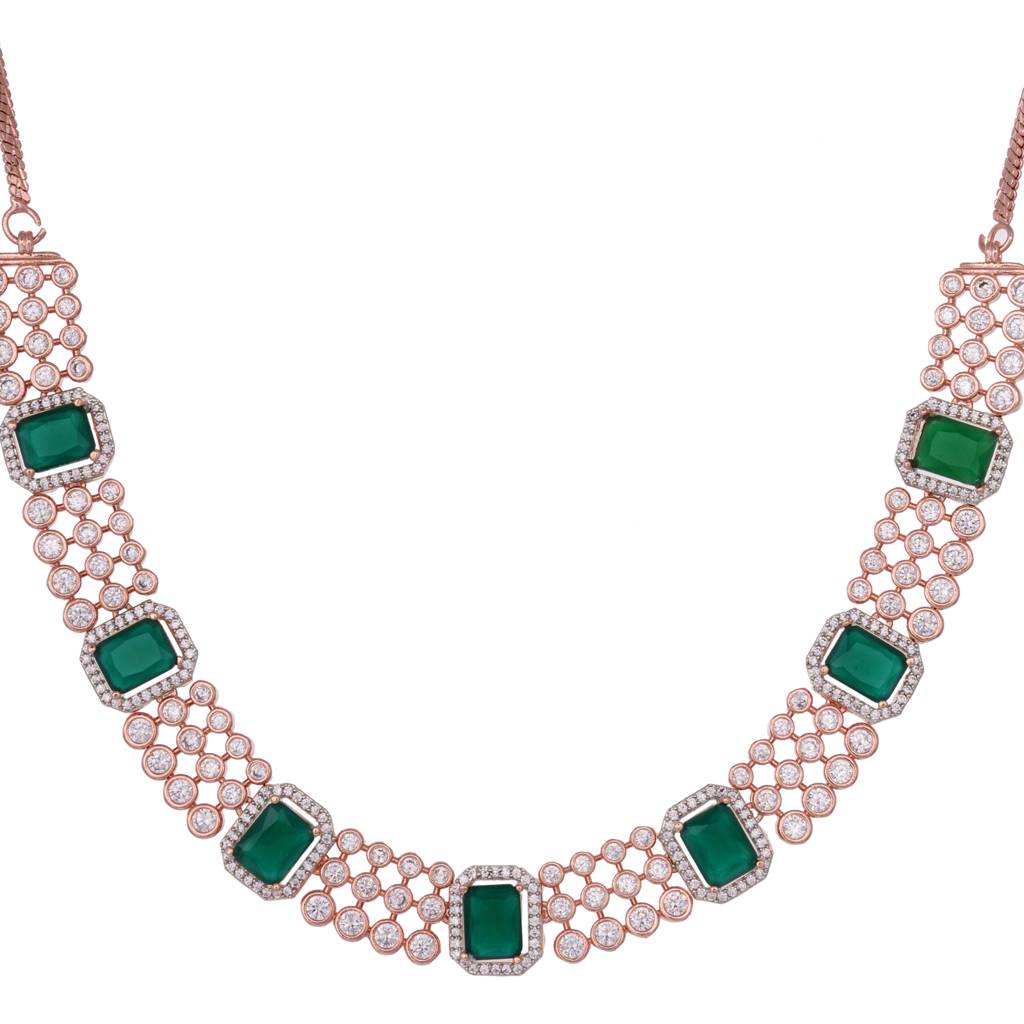 Rose Gold Plated White & Green  Ad Studded Modern  Necklace Jewellery  Set : SJNK1449