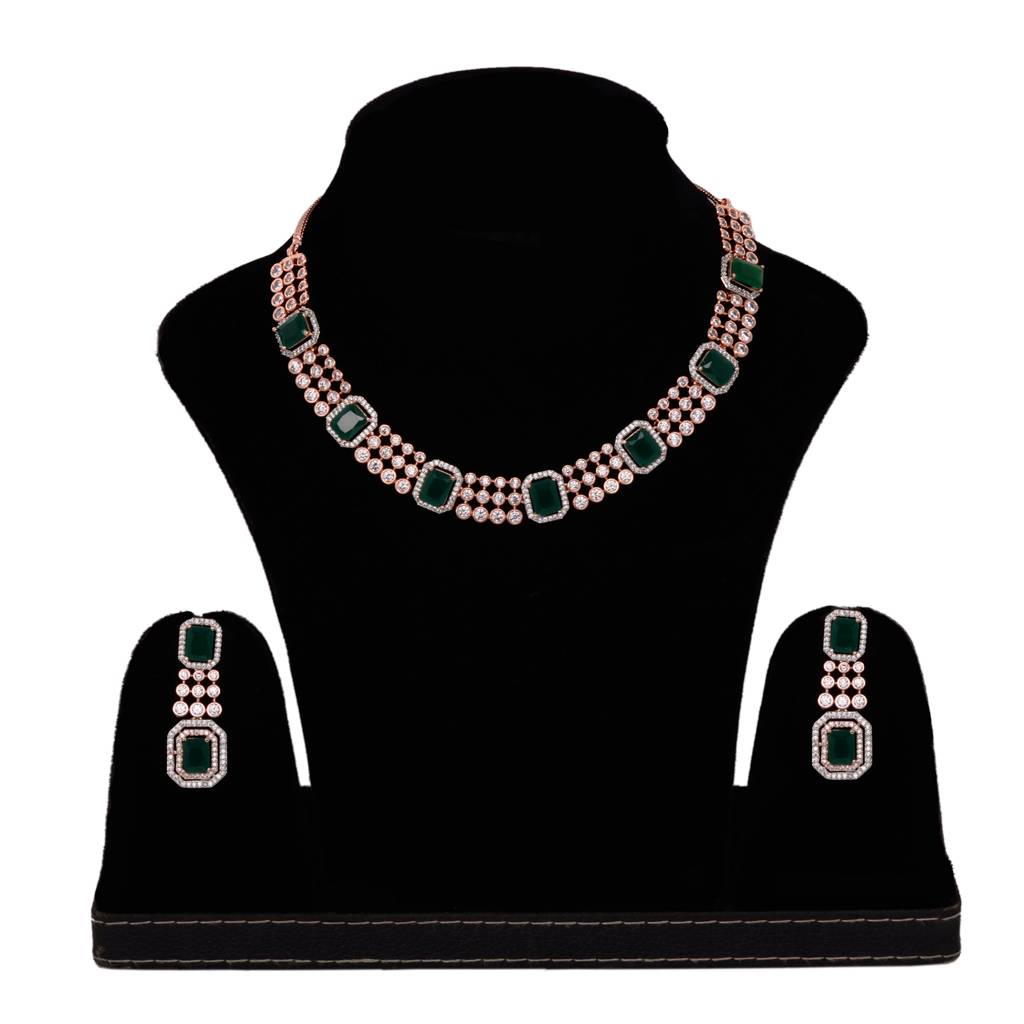 Rose Gold Plated White & Green  Ad Studded Modern  Necklace Jewellery  Set : SJNK1449
