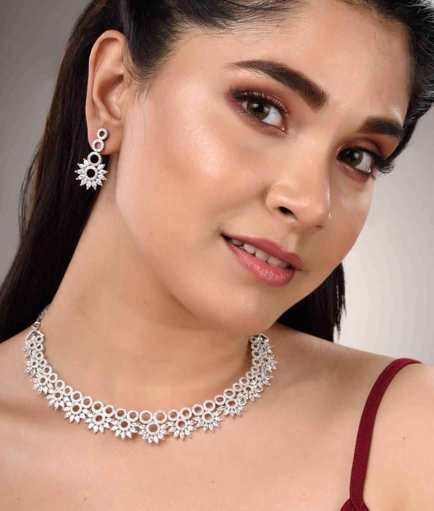 Silver Plated White Ad Studded Star Shaped Necklace Jewellery Set : SJNK1451