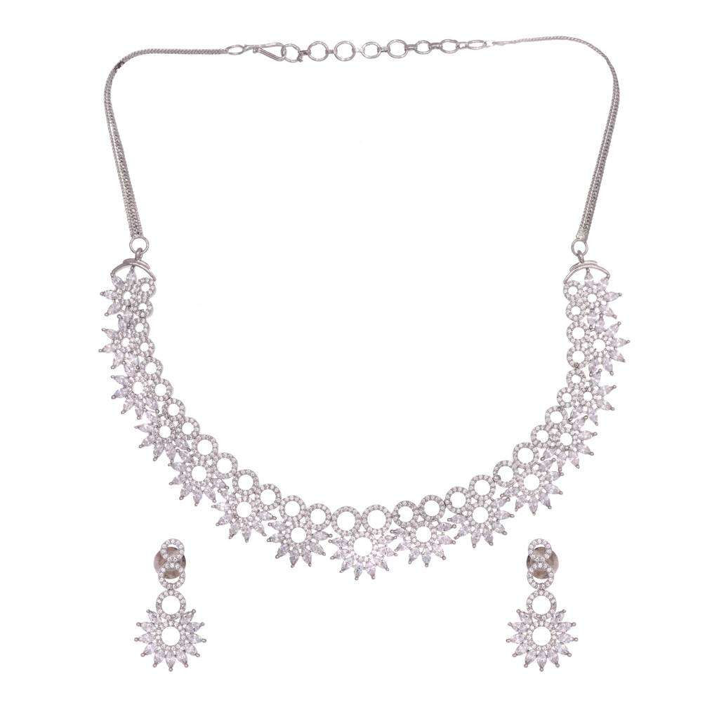 Silver Plated White Ad Studded Star Shaped Necklace Jewellery Set : SJNK1451