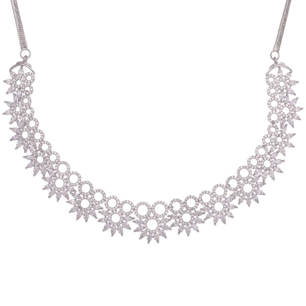 Silver Plated White Ad Studded Star Shaped Necklace Jewellery Set : SJNK1451