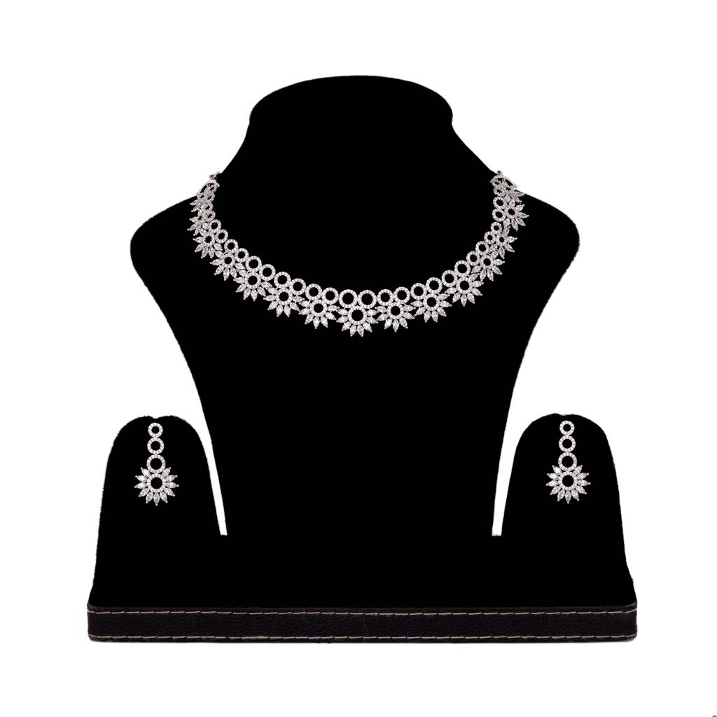 Silver Plated White Ad Studded Star Shaped Necklace Jewellery Set : SJNK1451