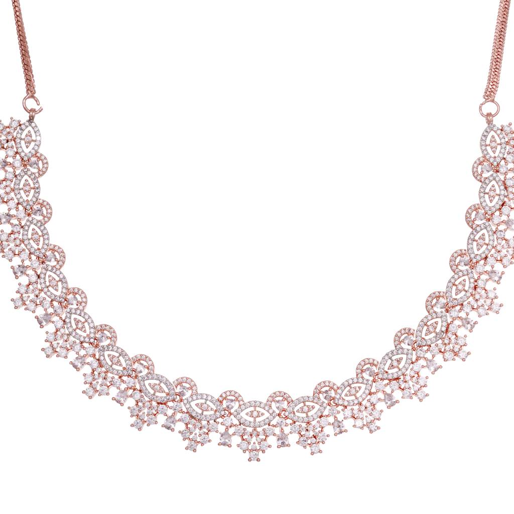 Rose Gold Plated White Ad Studded Necklace With Jhumka Jewellery Set : SJNK1452