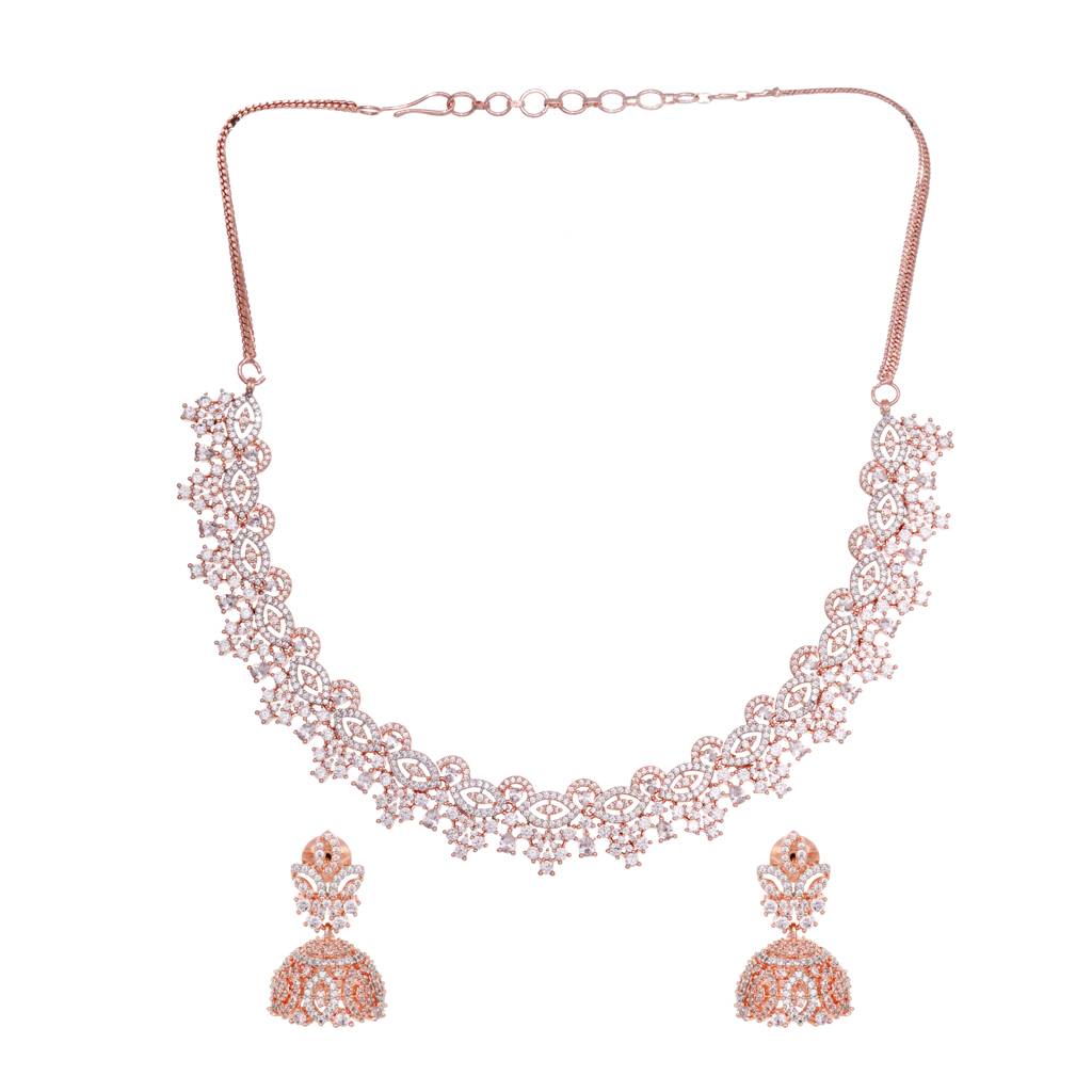 Rose Gold Plated White Ad Studded Necklace With Jhumka Jewellery Set : SJNK1452