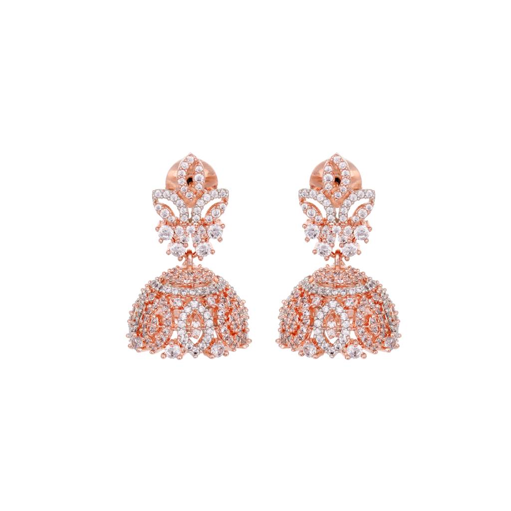 Rose Gold Plated White Ad Studded Necklace With Jhumka Jewellery Set : SJNK1452