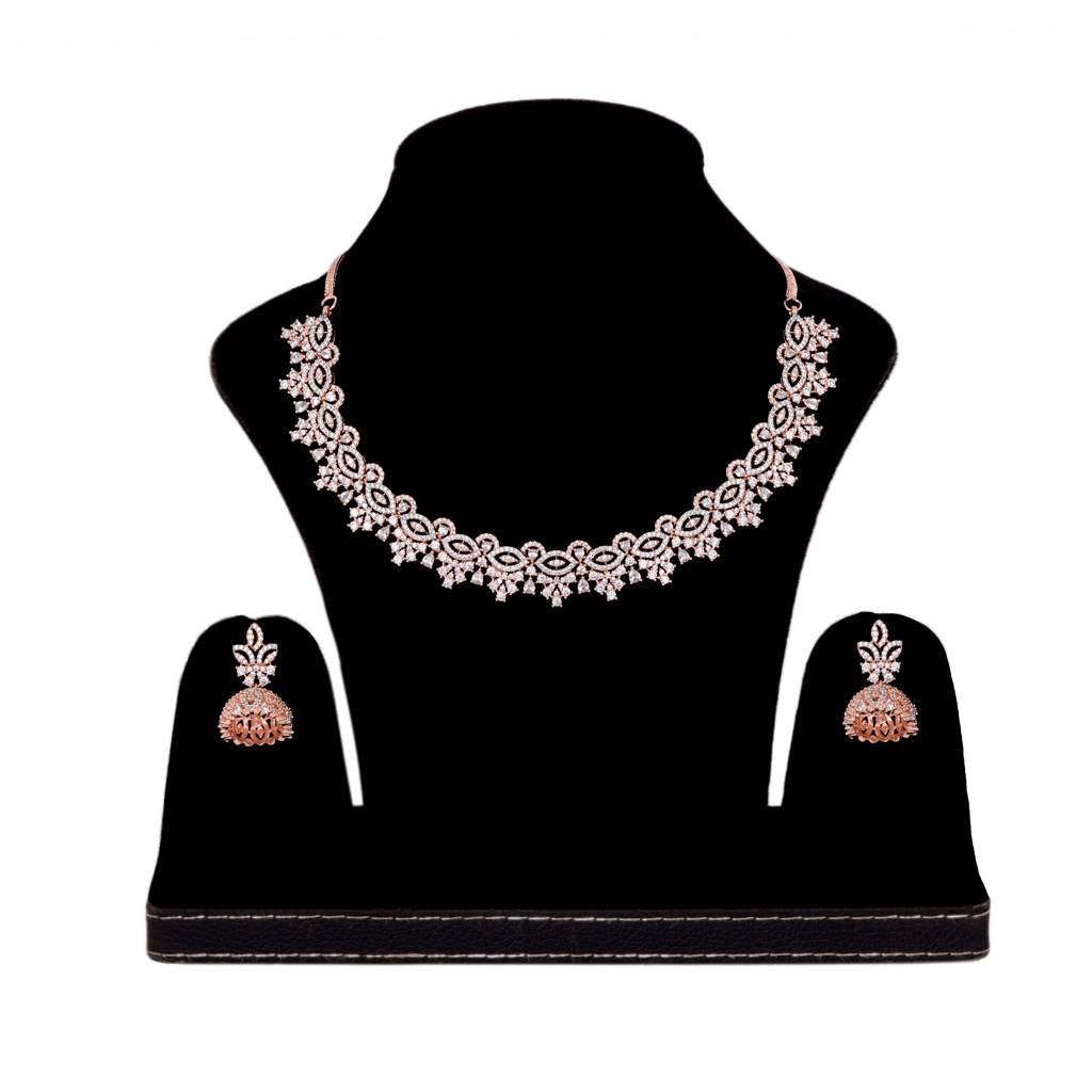 Rose Gold Plated White Ad Studded Necklace With Jhumka Jewellery Set : SJNK1452