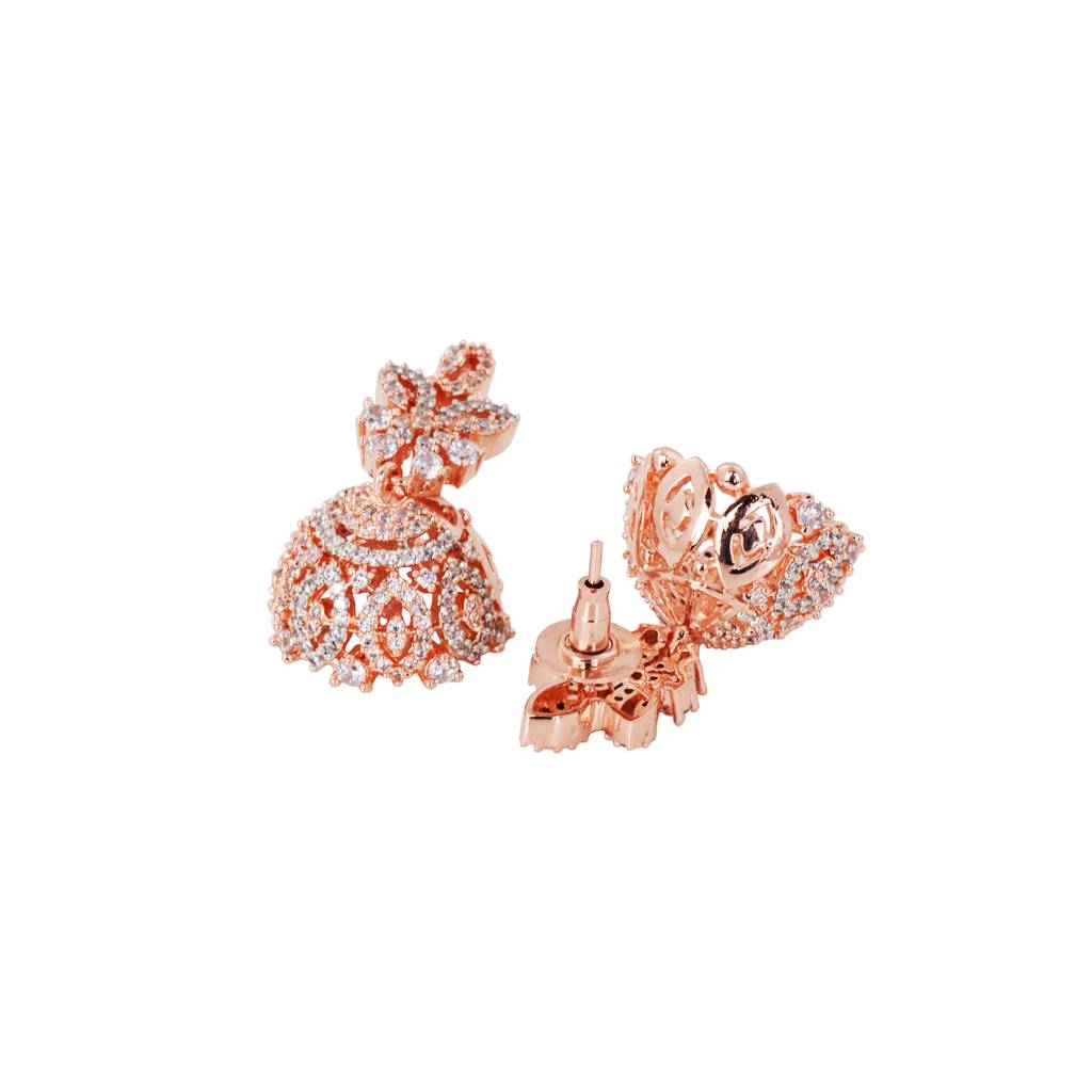 Rose Gold Plated White Ad Studded Necklace With Jhumka Jewellery Set : SJNK1452