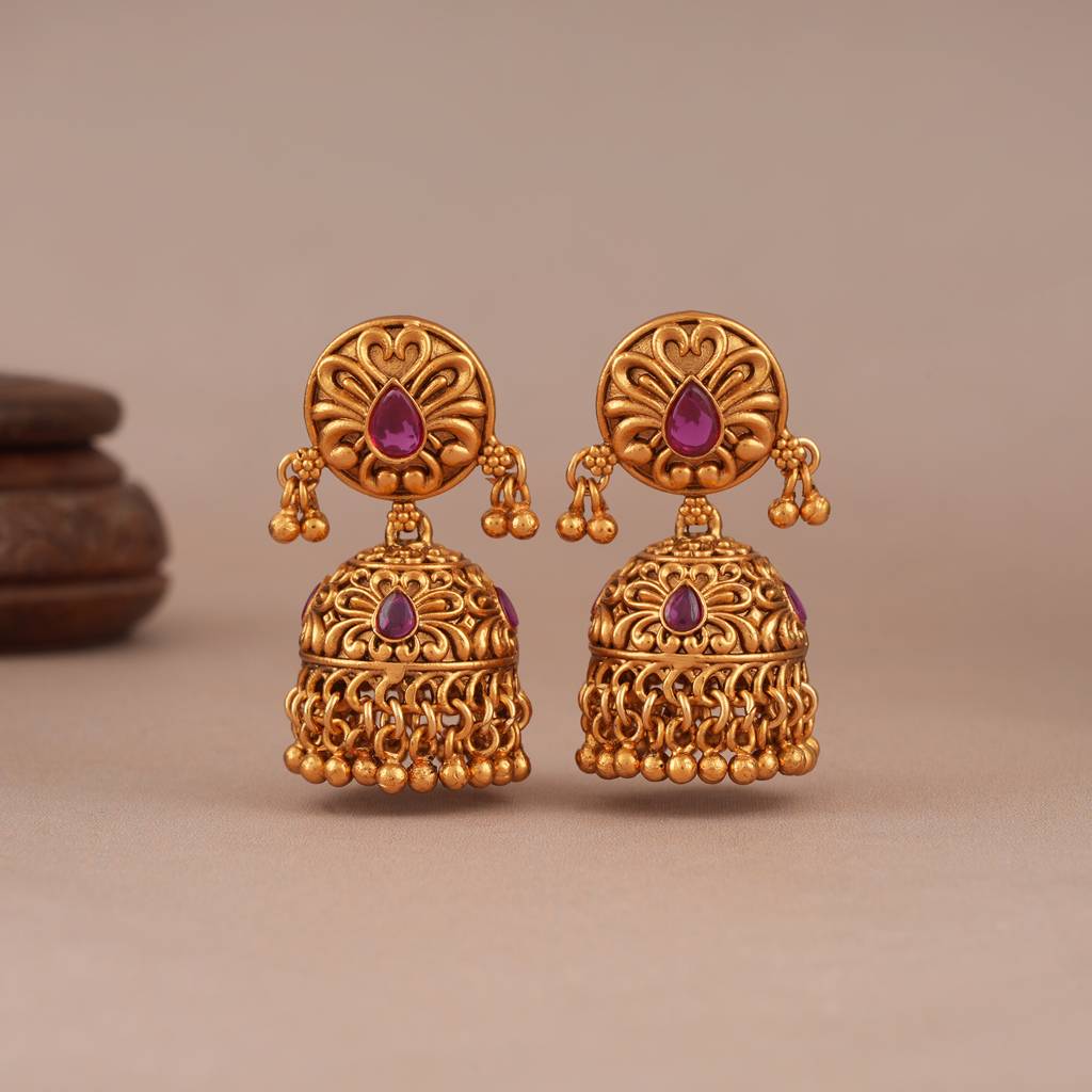 Cute Ruby Stone Antique Gold Jhumka Earring : SJ109