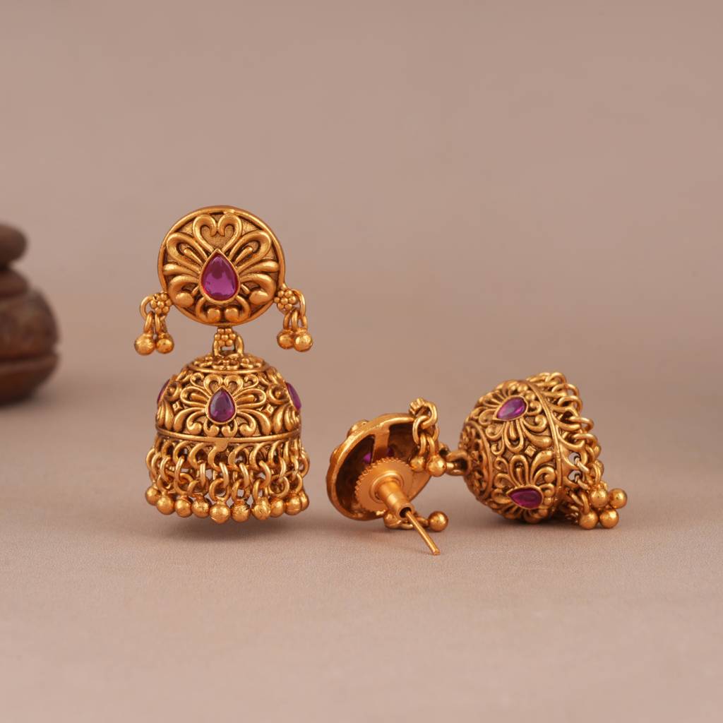 Cute Ruby Stone Antique Gold Jhumka Earring : SJ109