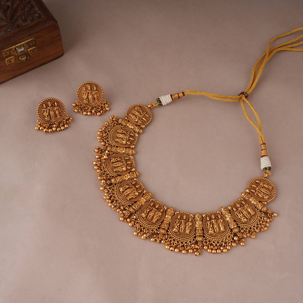 Auspicious Antique Gold Ram Sita Necklace Set With Stud Earring I Tempel Jewellery : SJ087