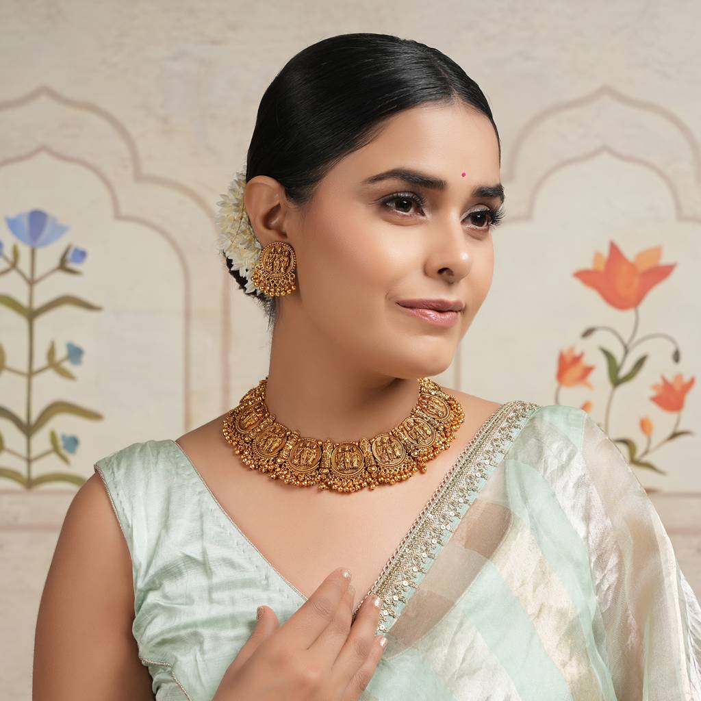 Auspicious Antique Gold Ram Sita Necklace Set With Stud Earring I Tempel Jewellery : SJ087