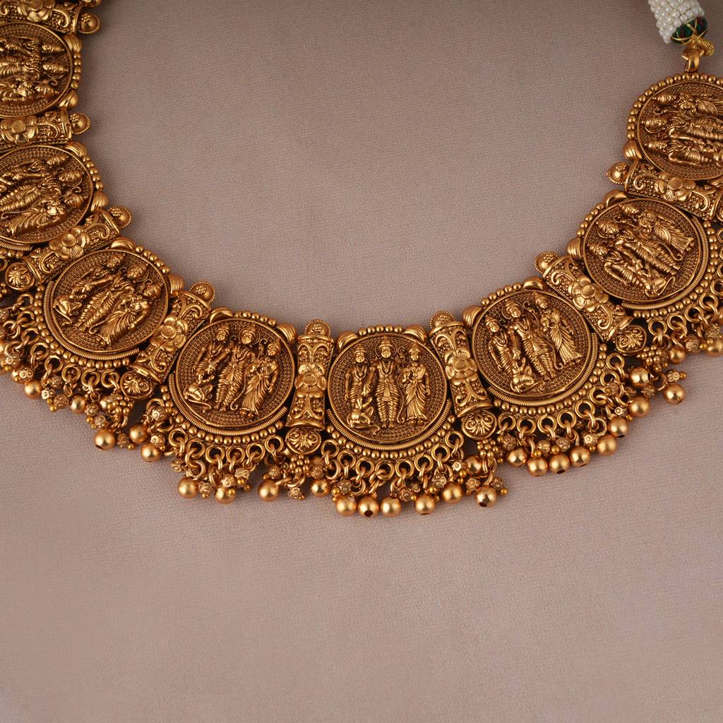 Auspicious Antique Gold Ram Sita Necklace Set With Stud Earring I Tempel Jewellery : SJ087