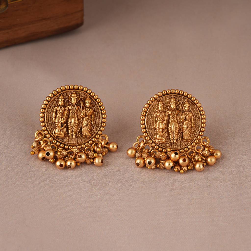 Auspicious Antique Gold Ram Sita Necklace Set With Stud Earring I Tempel Jewellery : SJ087