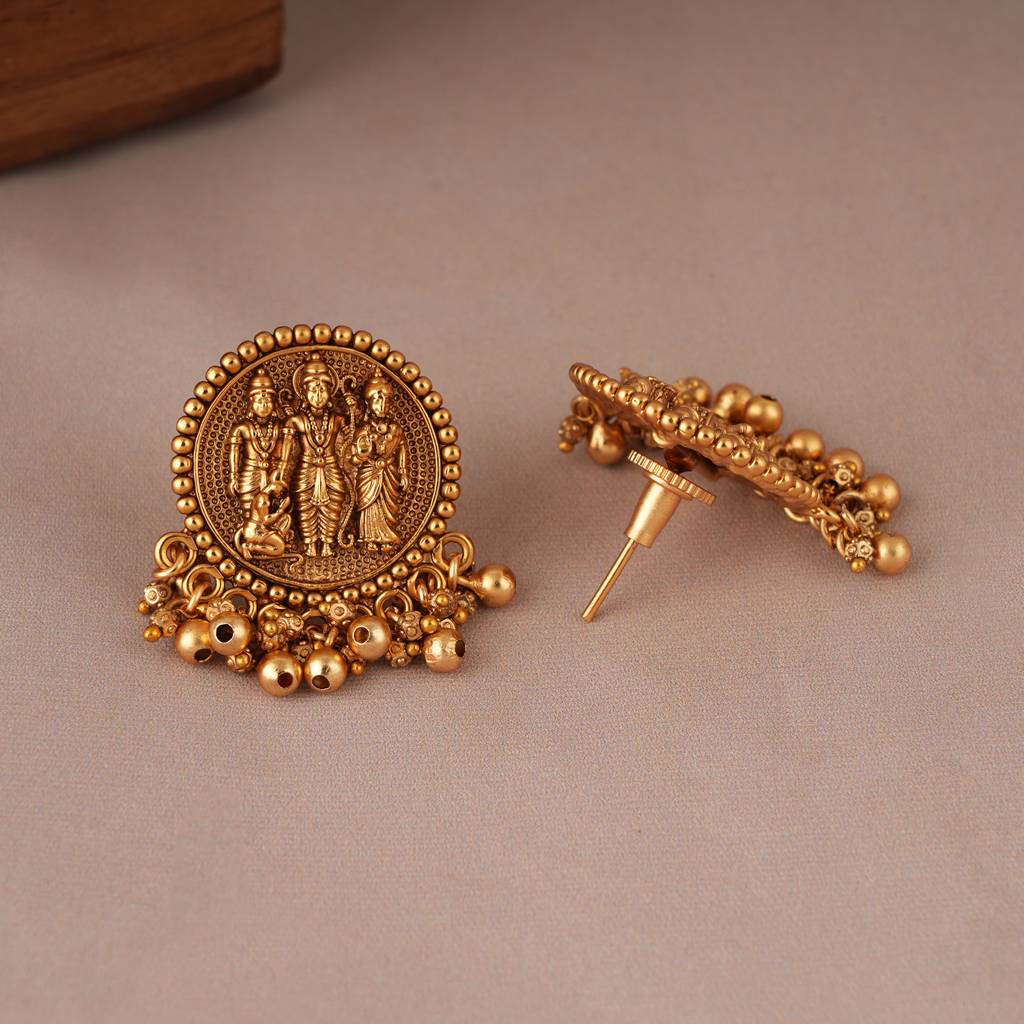 Auspicious Antique Gold Ram Sita Necklace Set With Stud Earring I Tempel Jewellery : SJ087