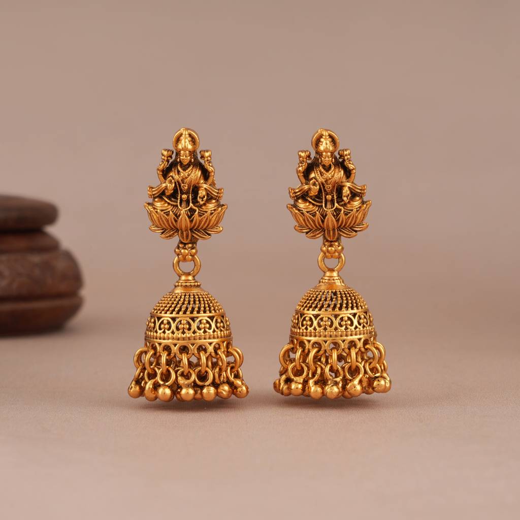 Amazing Antique Gold Plain Maa Lakhsmi Jhumka Earring I Temple Jewellery : SJ108