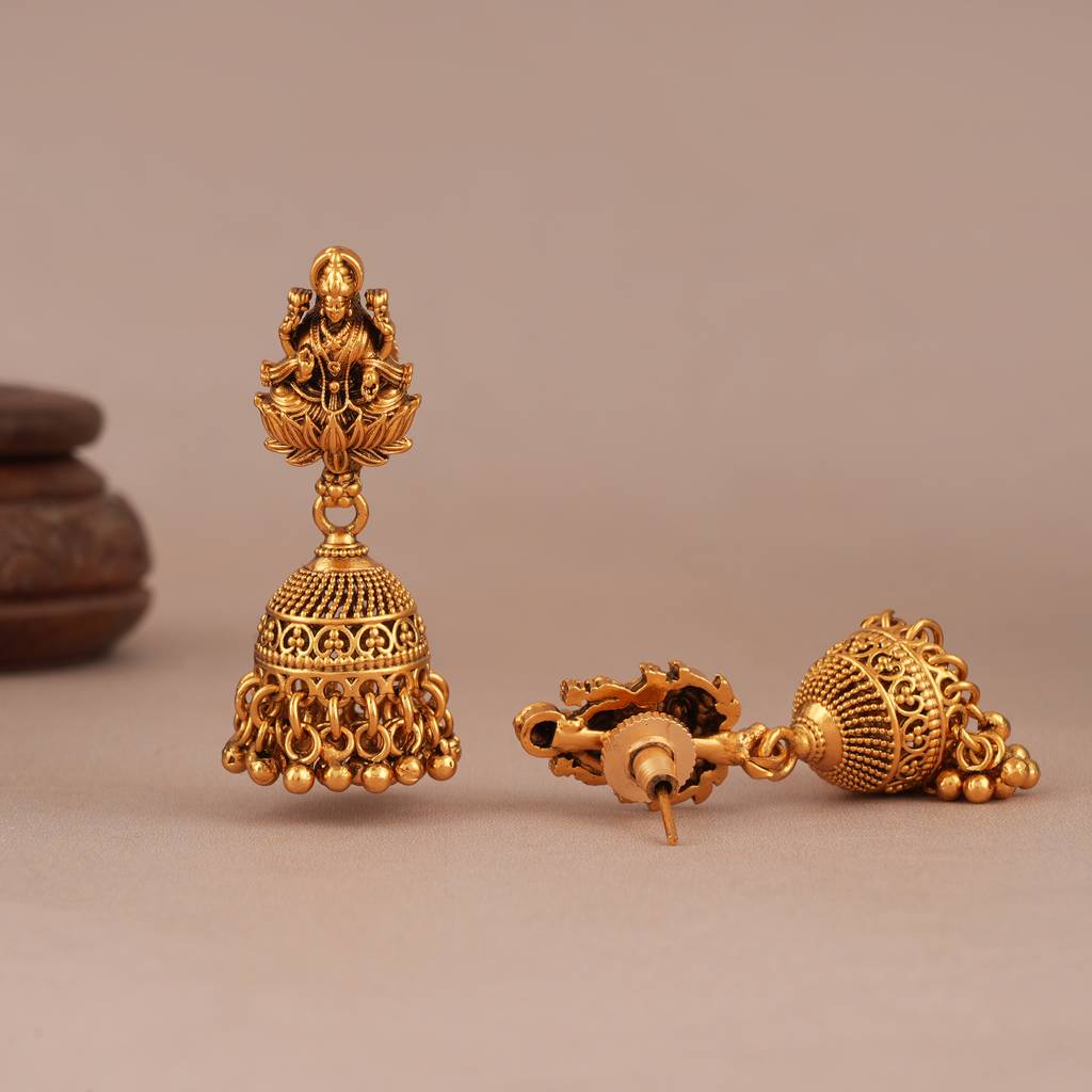 Amazing Antique Gold Plain Maa Lakhsmi Jhumka Earring I Temple Jewellery : SJ108