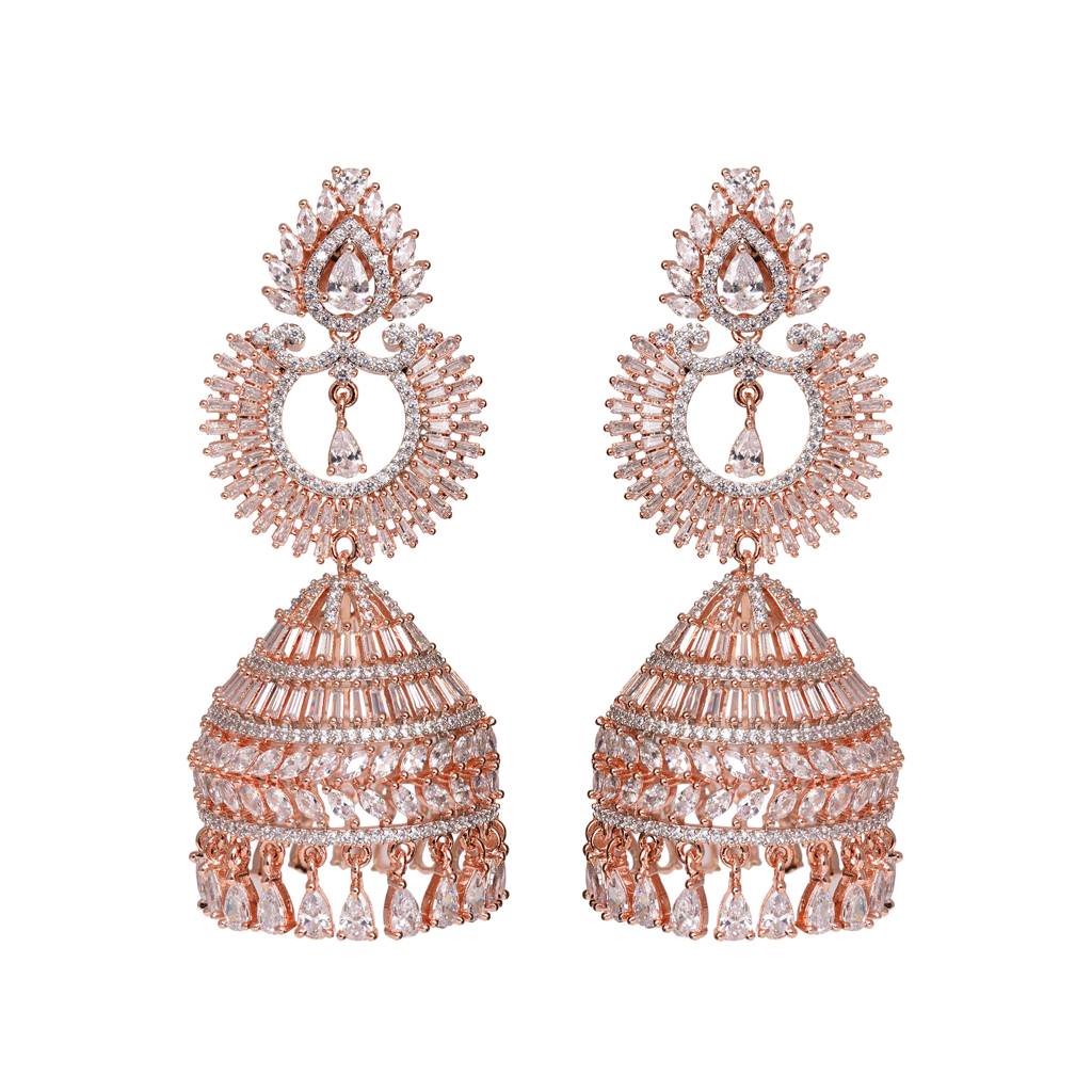 Rose Gold Plated White Ad Studded Lightweight Jhumka Earrings : SJER1460