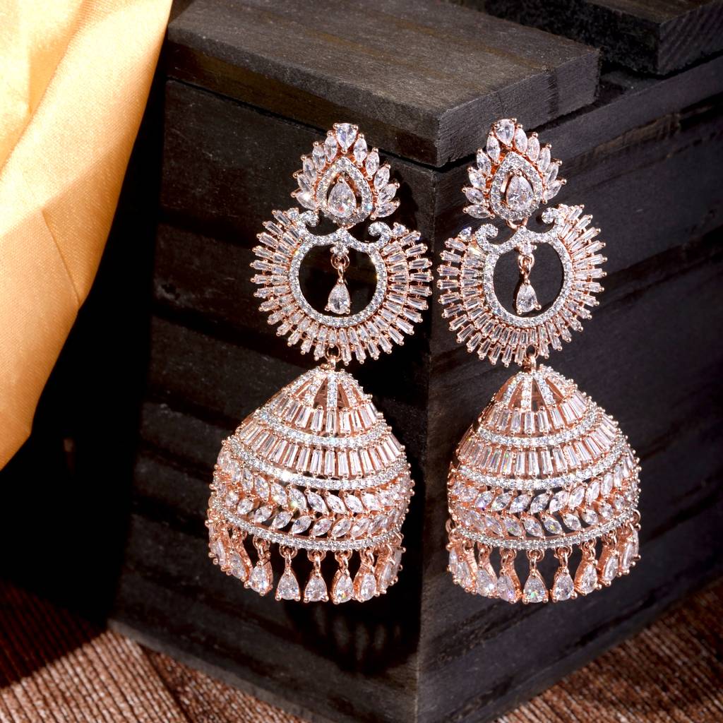 Rose Gold Plated White Ad Studded Lightweight Jhumka Earrings : SJER1460