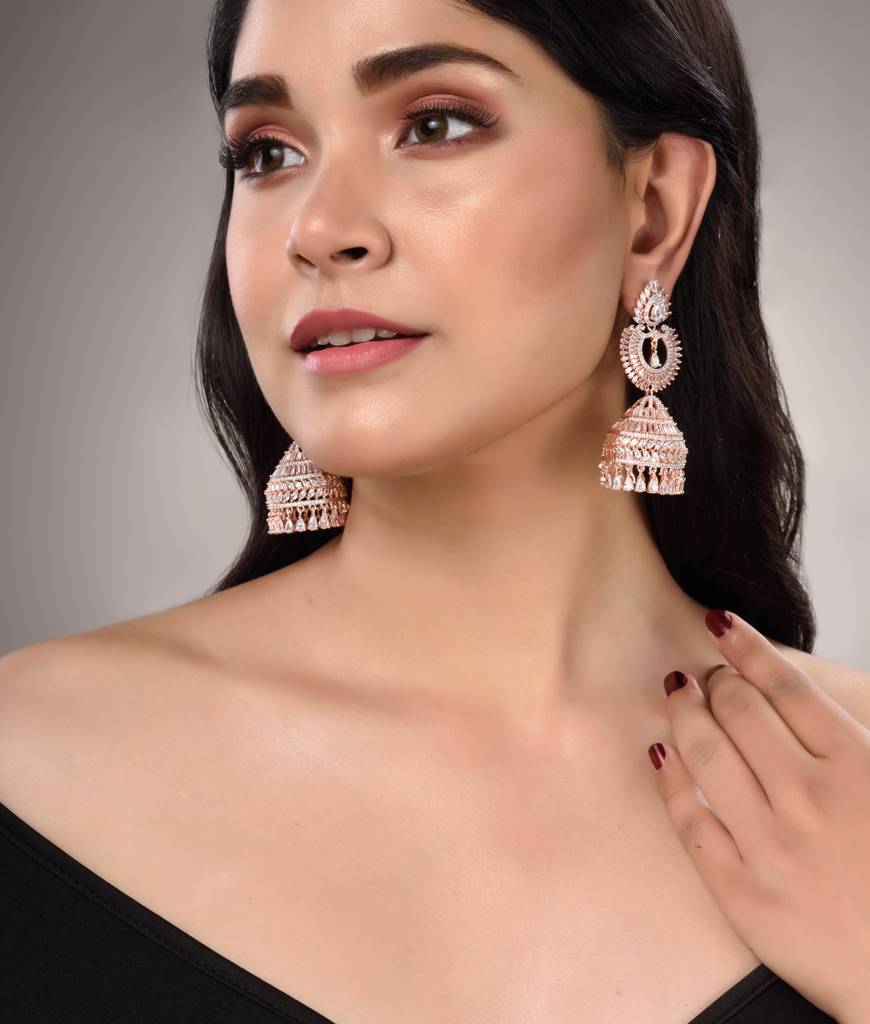 Rose Gold Plated White Ad Studded Lightweight Jhumka Earrings : SJER1460