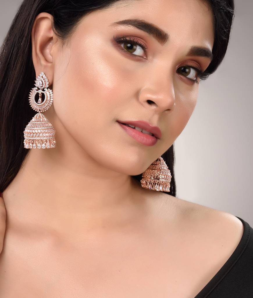 Rose Gold Plated White Ad Studded Lightweight Jhumka Earrings : SJER1460